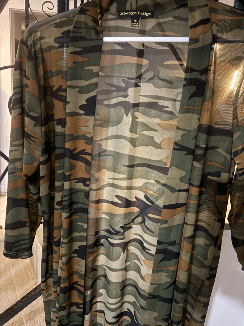 Always Indigo Women's Camouflage Open Front Kimono - Green Multi
